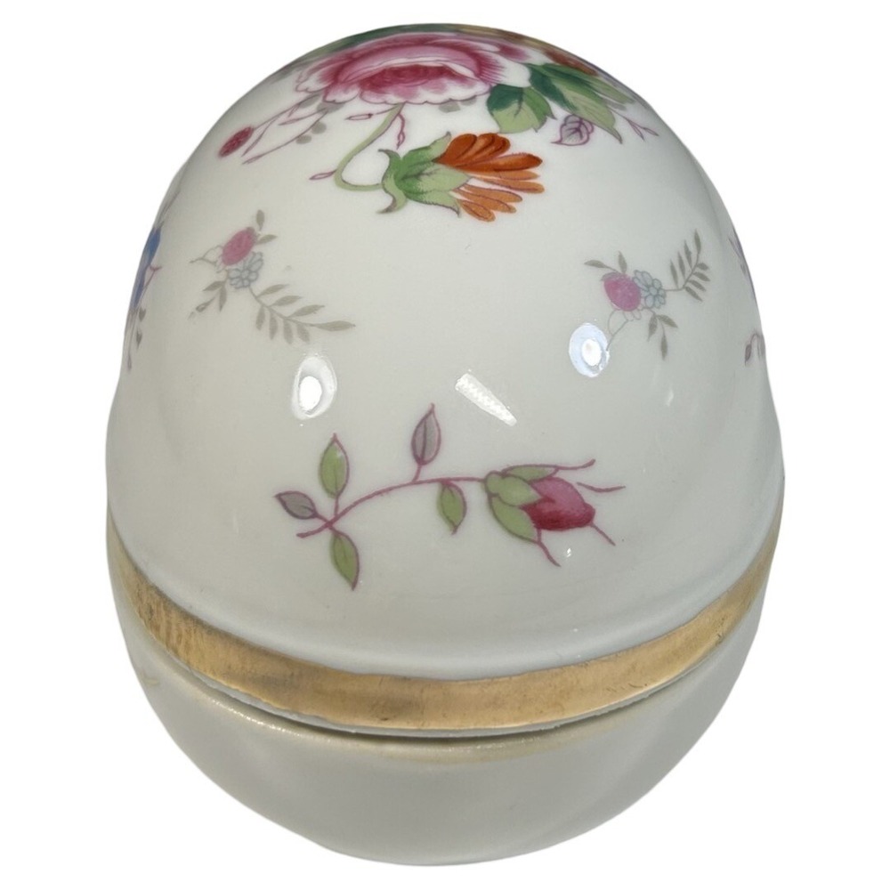 Vintage Porcelain Egg Shaped Trinket Box Candy Dish Floral Gold Trim - Picture 3 of 11